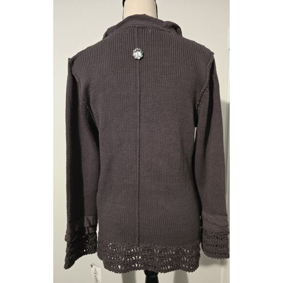 Lulu B Fringed Crochet Sweater Cardigan Women's Sparkle Buttons Boho Brown - Picture 4 of 10
